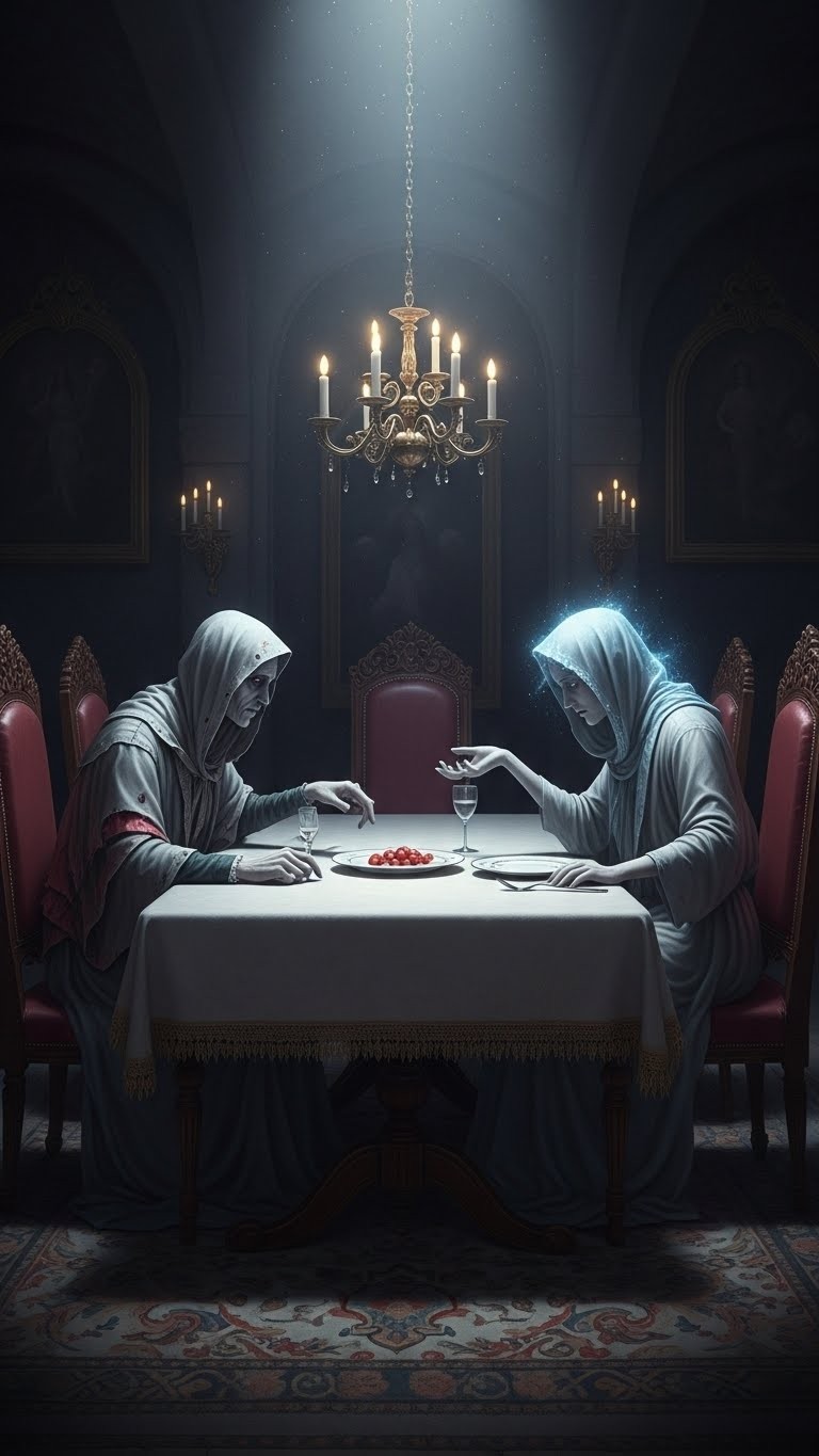 궁핍한 자와 식탁에서 음식을 나누는 꿈 - 흉몽