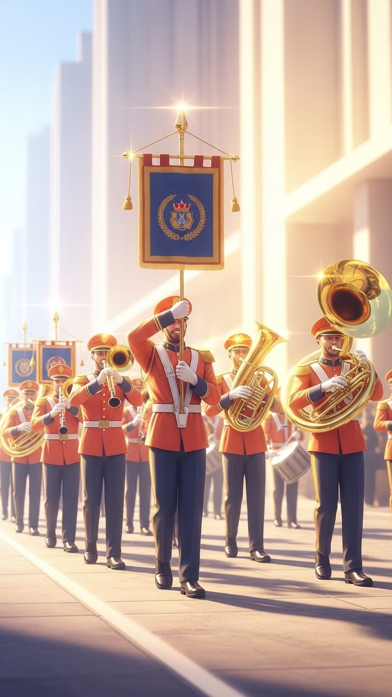 명예와 성공을 예고하는 웅장한 군악대 행진 꿈 - 길몽