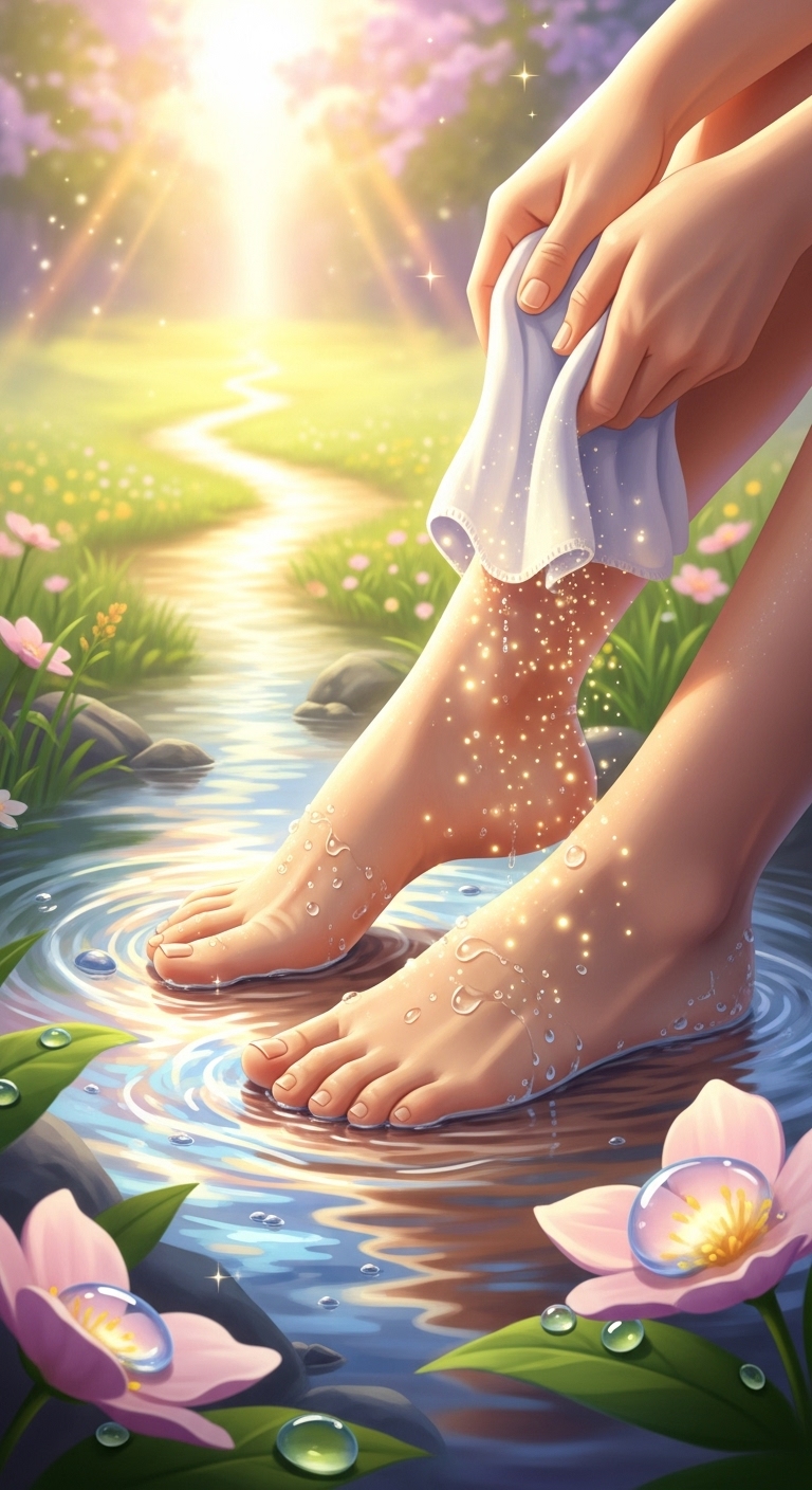 젖은 발을 닦아내며 새로운 출발을 알리는 꿈 - 길몽