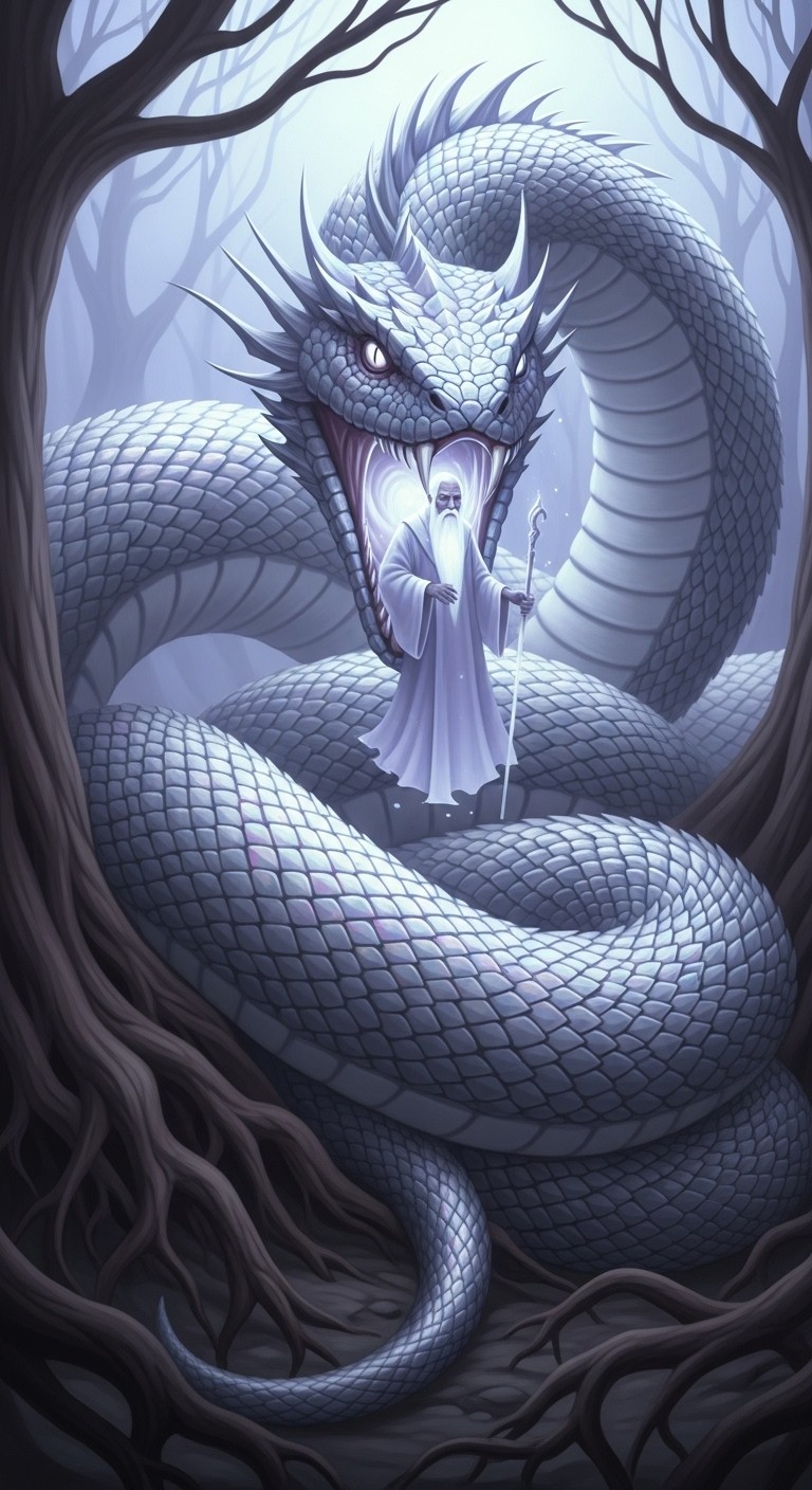 거대 뱀에 삼켜진 조상: 유혹과 위험의 그림자 - 흉몽