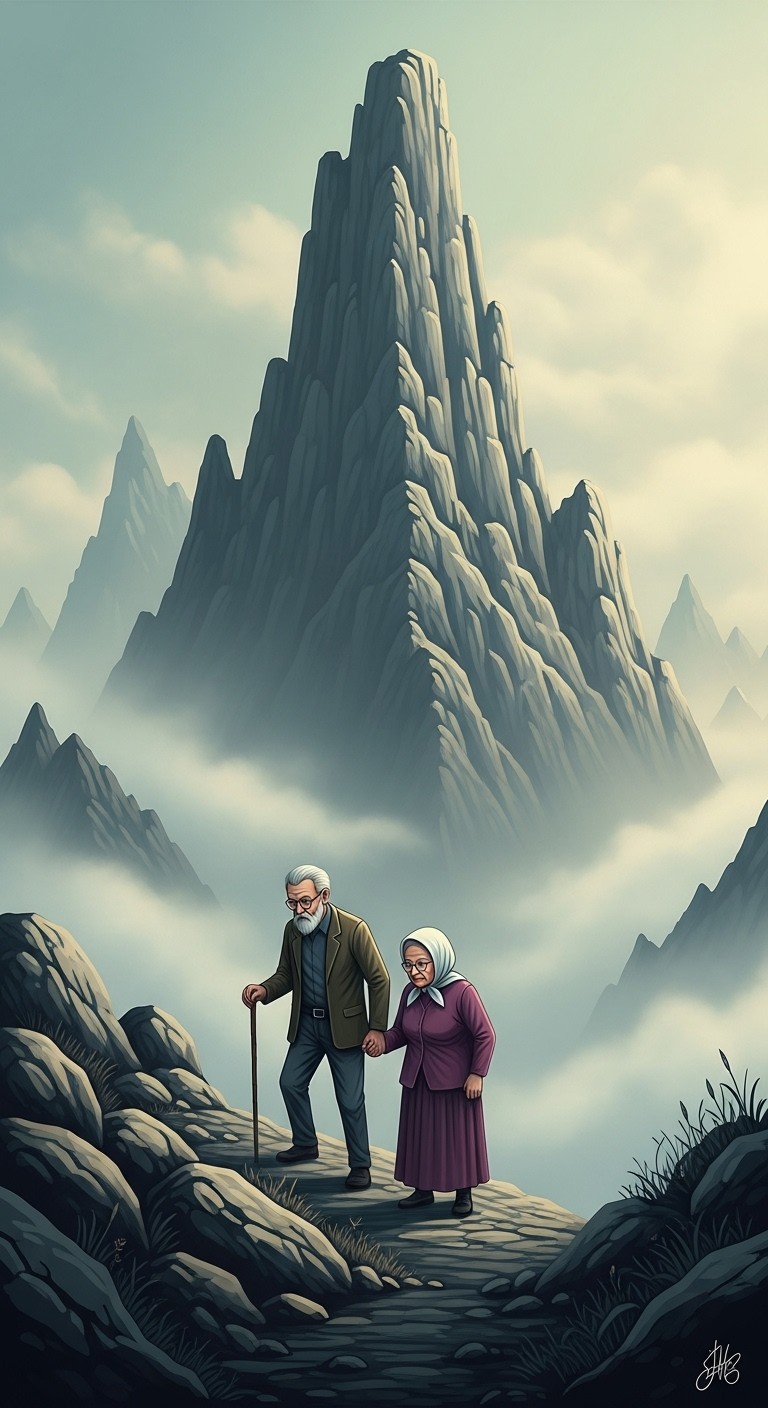 높은 산으로 향하는 부모님, 삶의 무게와 변화를 암시하는 꿈 - 흉몽