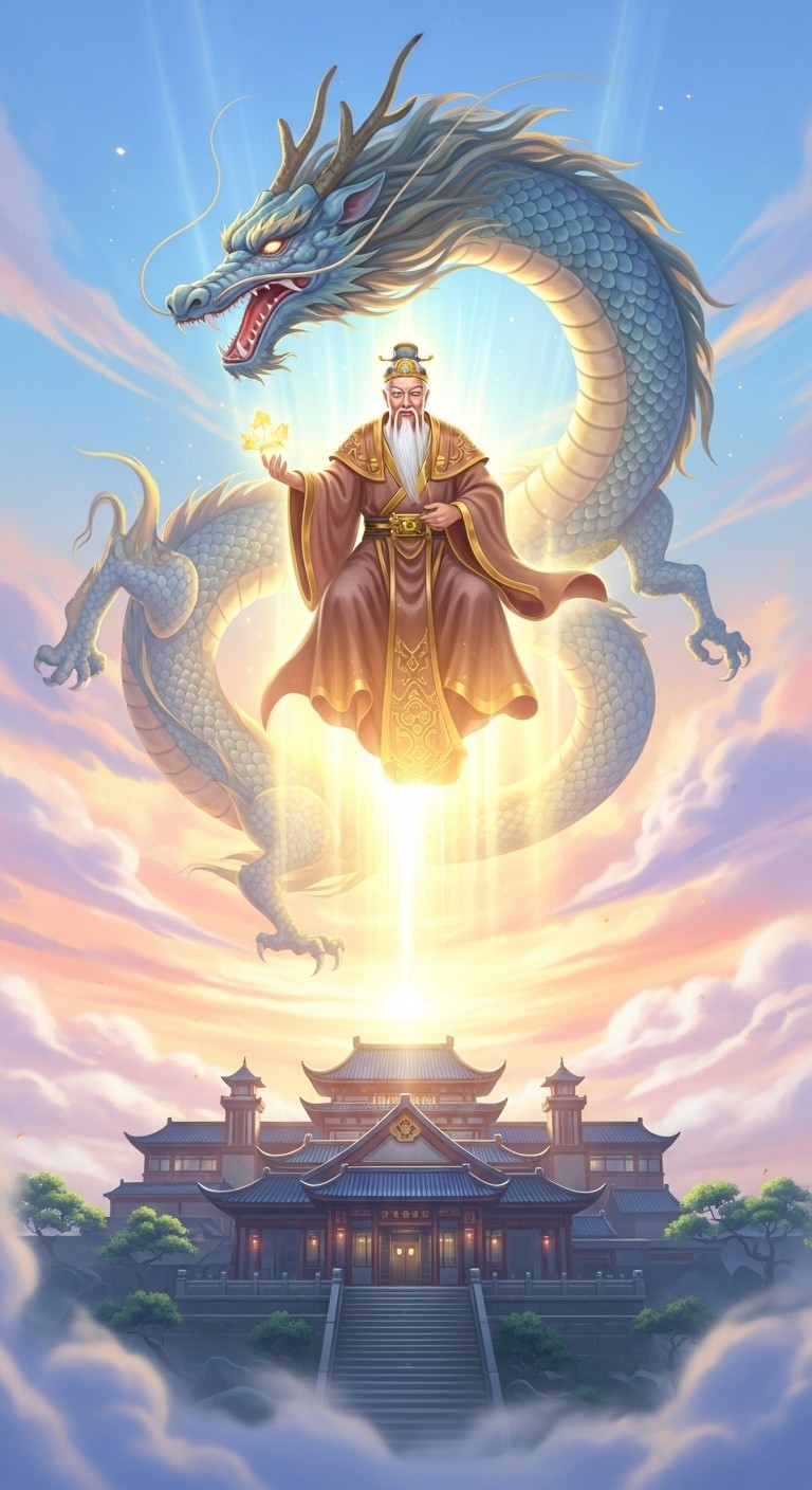 용의 권위를 두른 조상이 내려와 가문에 큰 복을 알리는 꿈 - 길몽