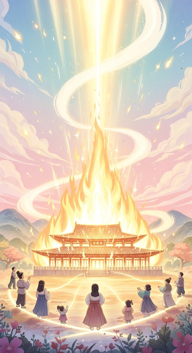 활활 타오르는 친척 집, 횡재를 예고하는 길몽 - 길몽 활활 타오르는 친척 집, 횡재를 예고하는 길몽 - 길몽