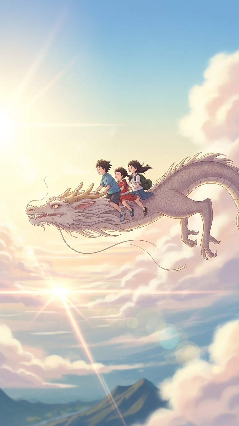 용을 타고 비상하는 형제자매, 가문의 영광을 예고하는 꿈 - 길몽