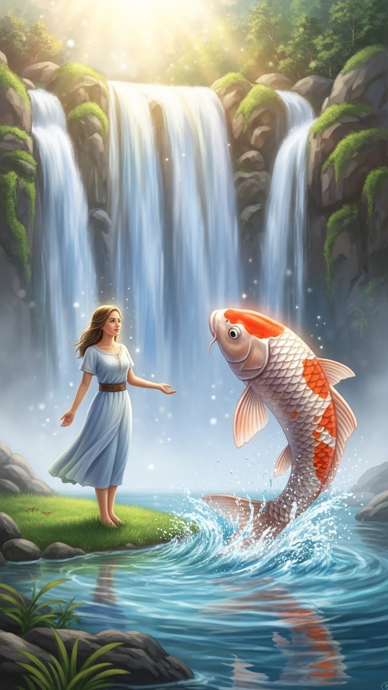 변신한 딸이 잉어가 되어 폭포를 거슬러 오르는 꿈 - 길몽