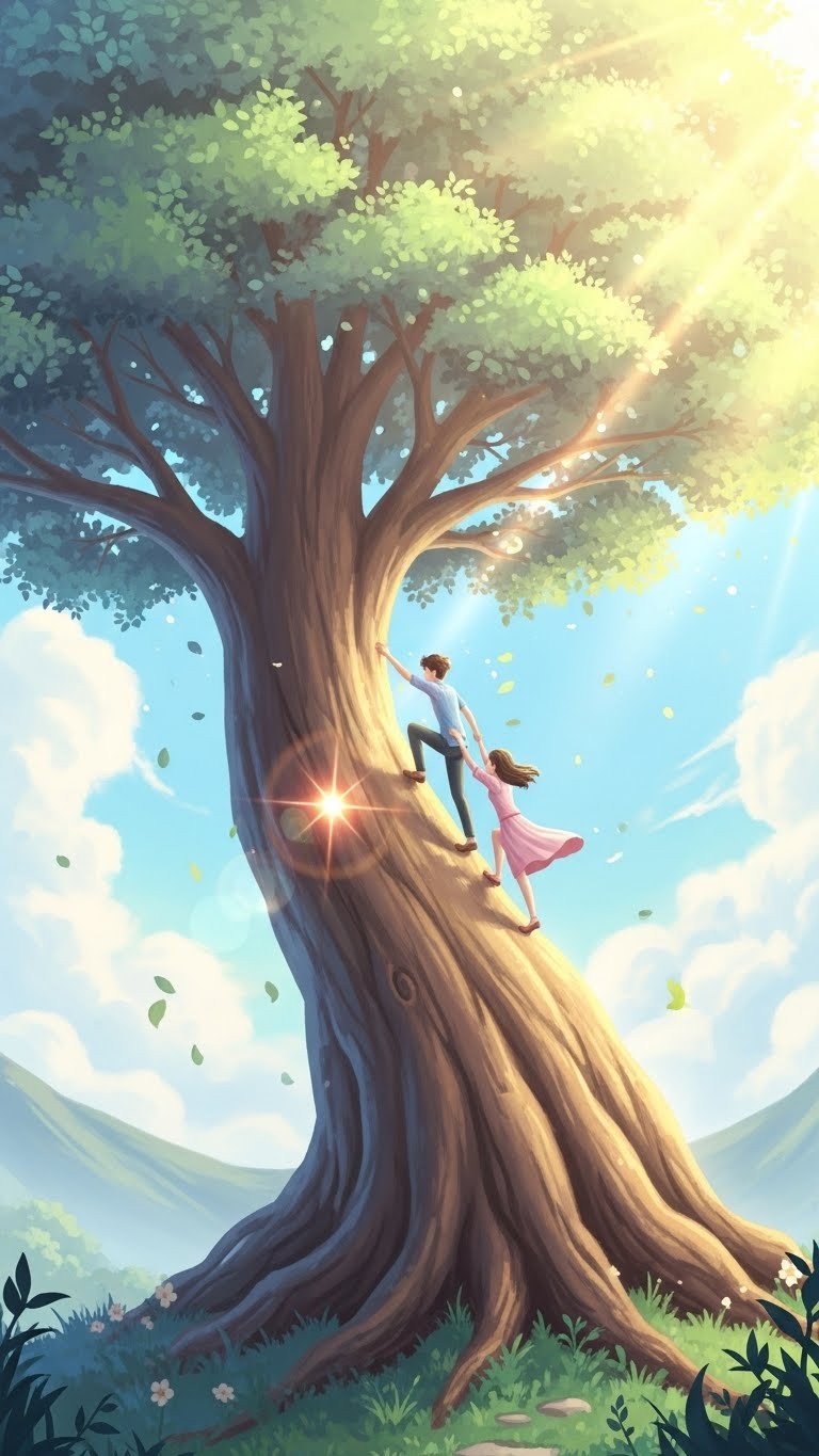 연인이 높은 나무를 오르며 성공을 향해 나아가는 꿈 - 길몽